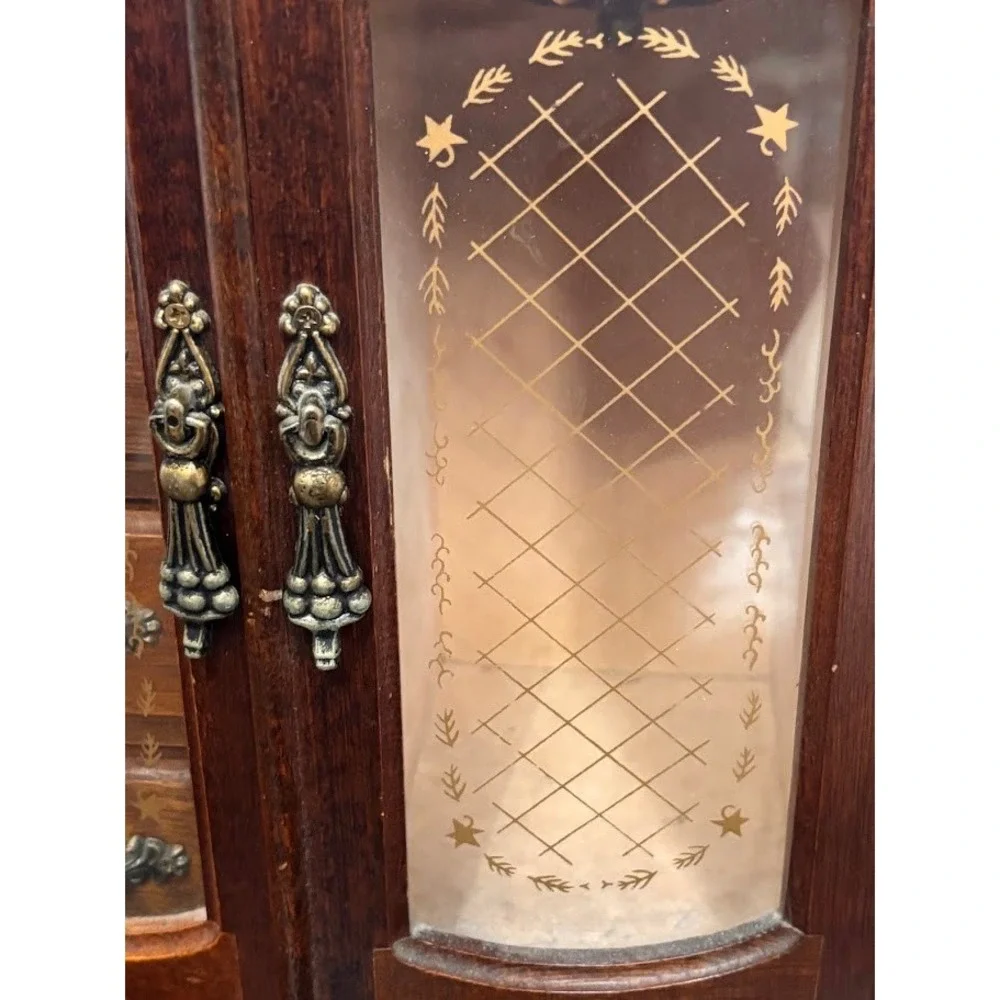 Vintage Wood Jewelry Armoire Glass Etched Doors Rotating Carousel Claw Feet